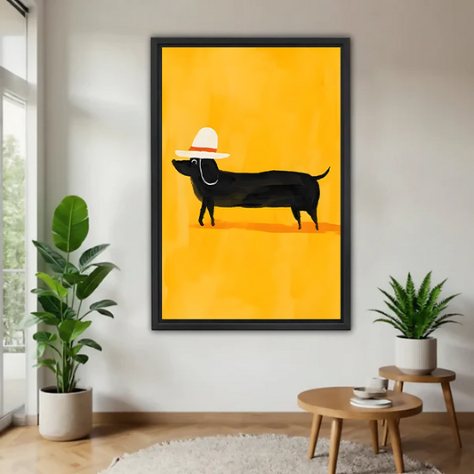 Framed minimalist dachshund sombrero canvas wall art on bold yellow background hanging in a bright living room with green plants