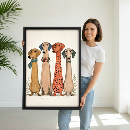 Smiling woman holding large framed whimsical dachshund squad canvas print showing size reference