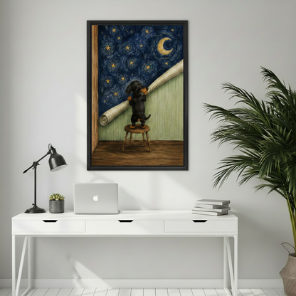 Dachshund starry night canvas wall art framed print as dreamy whimsical statement piece in bedroom wall decor