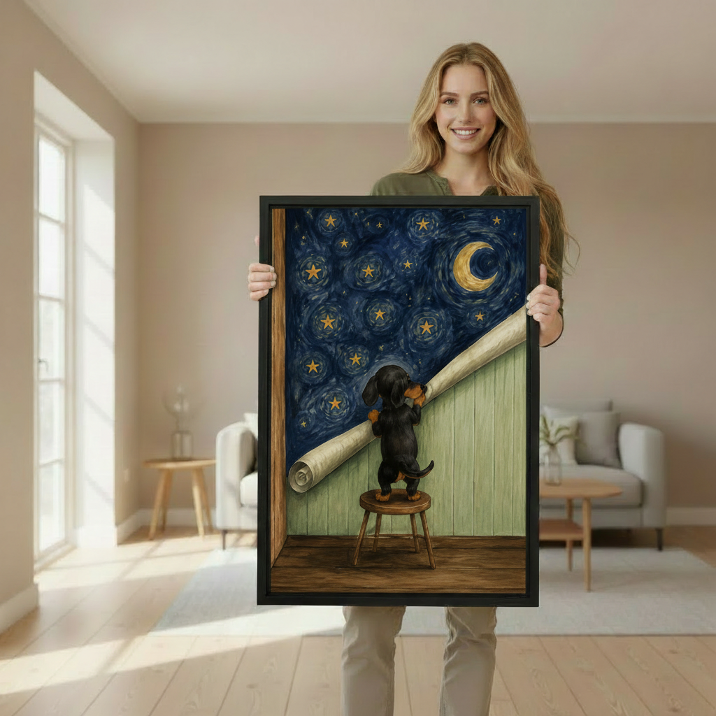 Woman holding large dachshund starry night framed canvas wall art print in bright airy living room