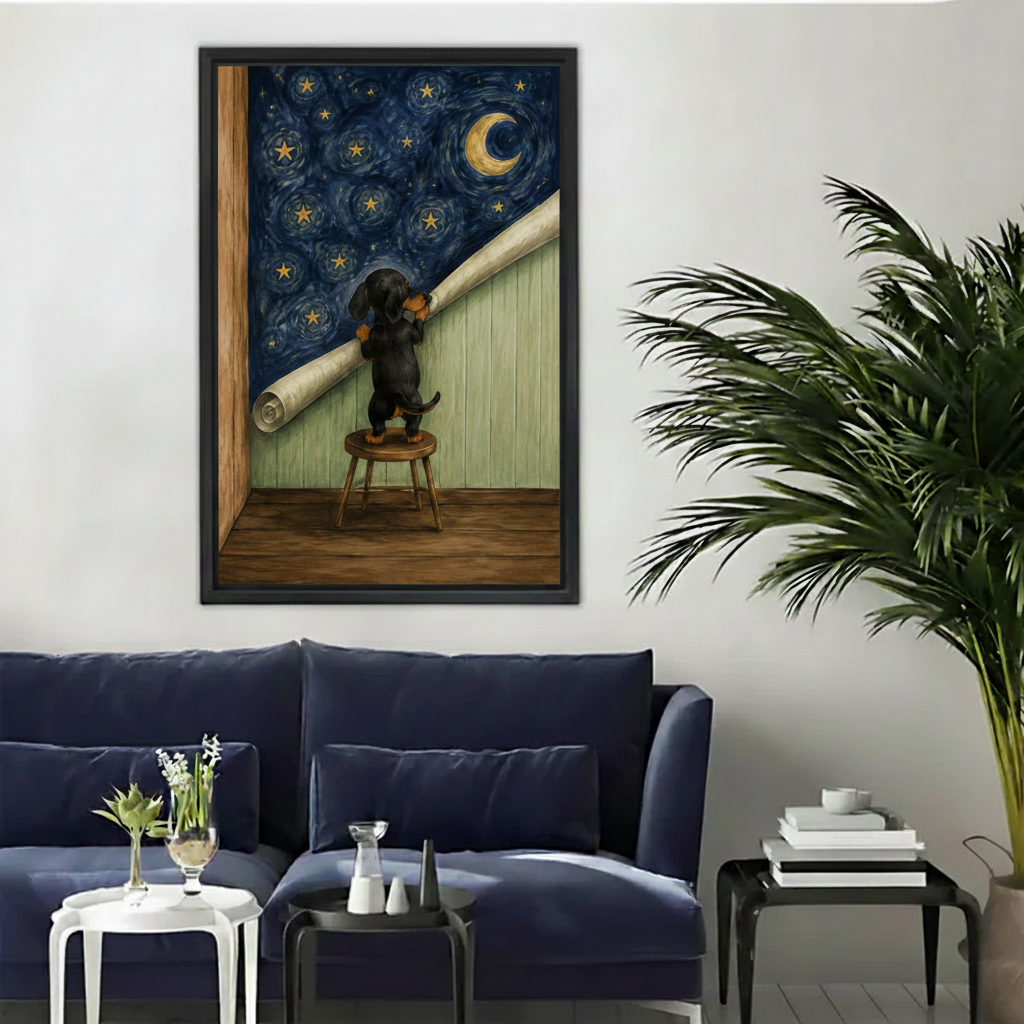 Dachshund starry night framed canvas wall art in black frame hanging above navy blue sofa in living room
