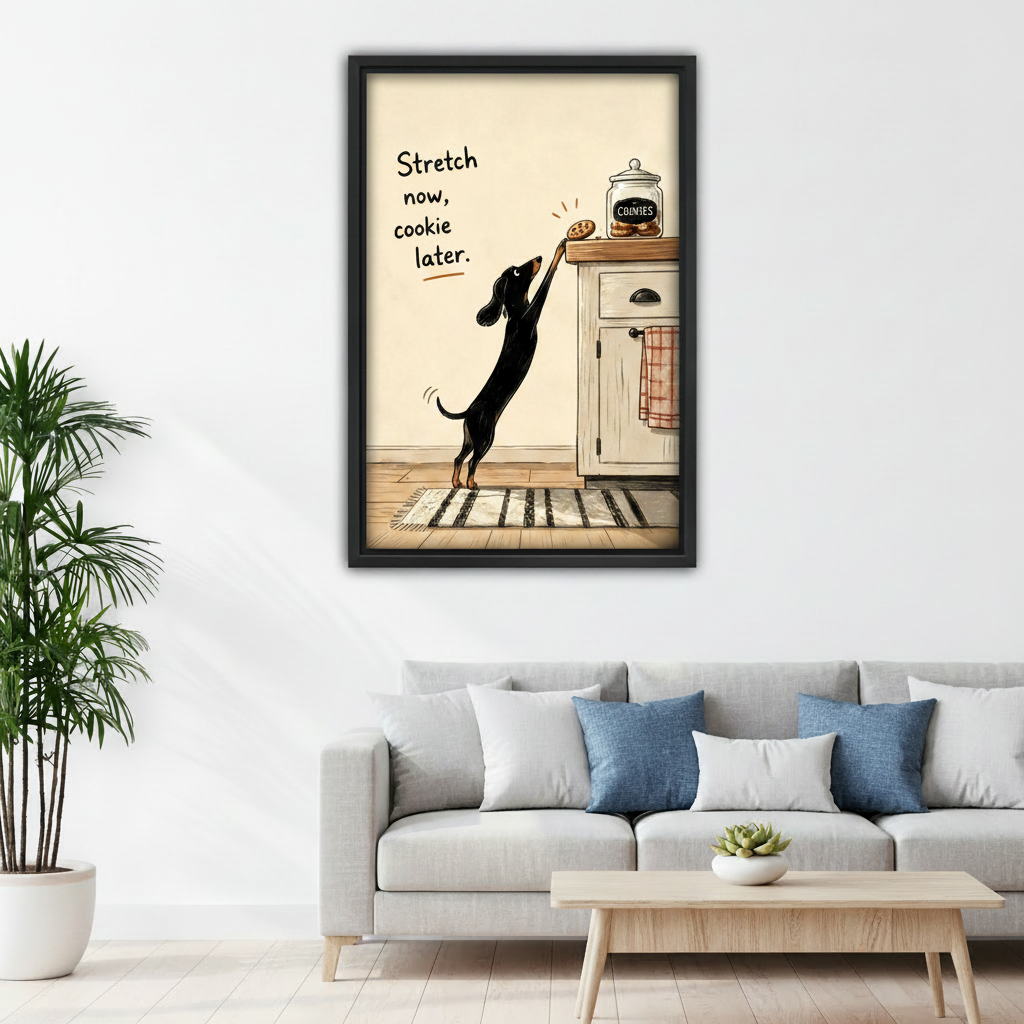 Funny dog line art framed canvas print above gray sofa in modern minimalist living room