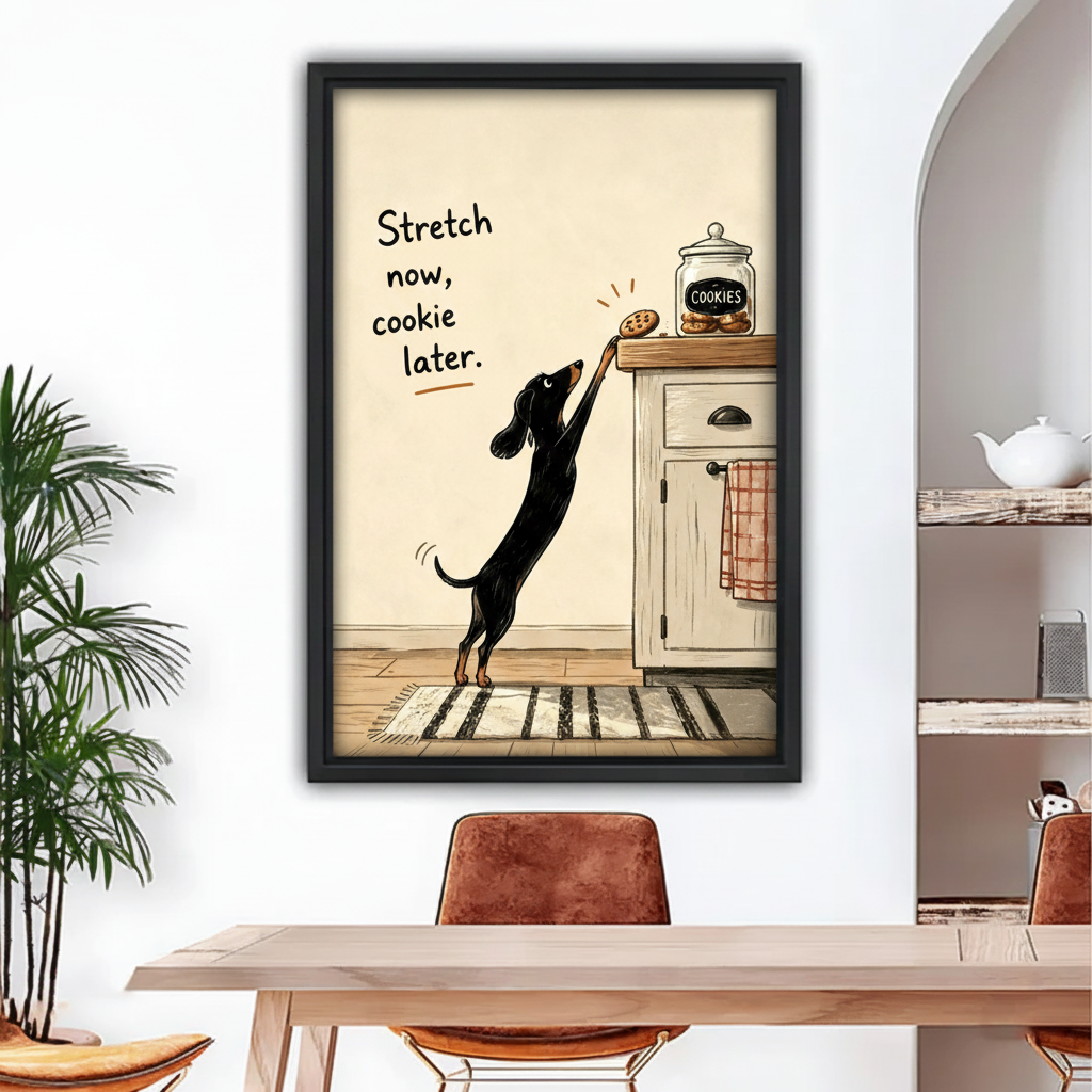 Funny dachshund "Stretch Now Cookie Later" framed canvas print hanging above wooden dining table in warm beige room