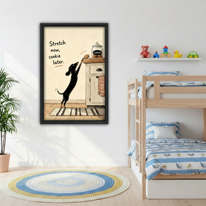 Whimsical dachshund cookie wall art framed print in cozy kids bedroom with wooden bunk bed