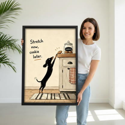 Smiling woman holding large black framed dachshund "Stretch Now Cookie Later" canvas print in white studio