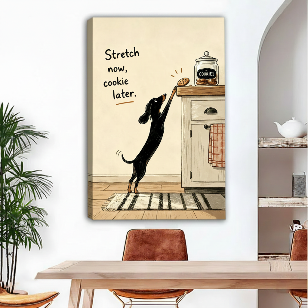Frameless gallery wrap canvas of dachshund reaching for cookies displayed in bright dining room setting