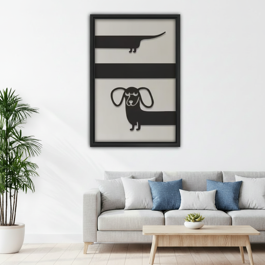 Black framed minimalist dachshund stripe wall art above gray sofa, Scandinavian style living room decor