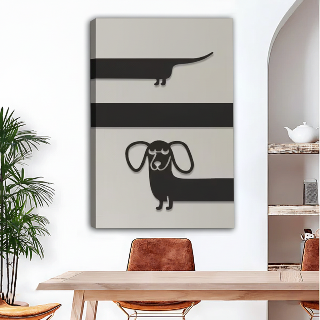  Frameless canvas wrap of minimalist dachshund line art on striped background, modern dining room wall decor