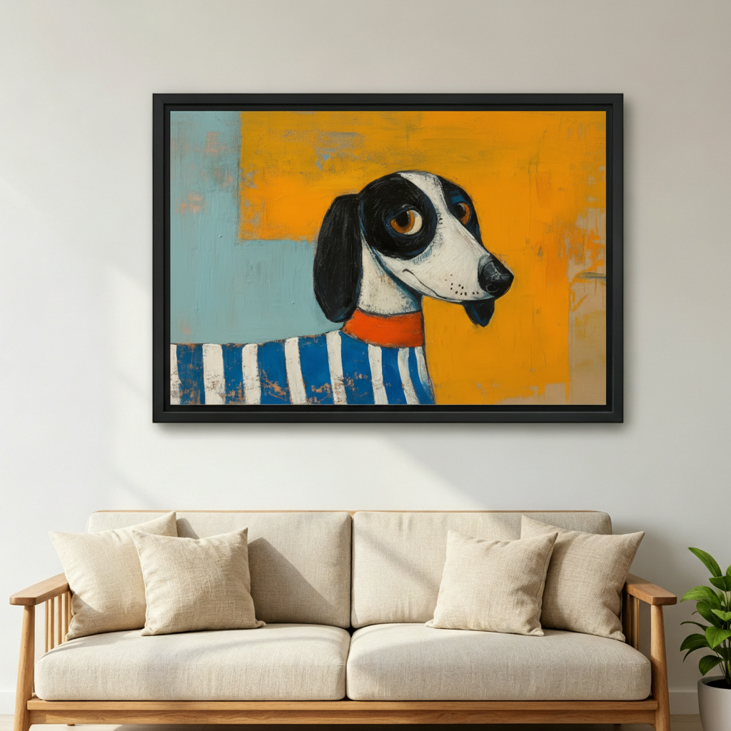 Smiling brunette woman holding large horizontal framed canvas of a dachshund in blue striped sweater on colorful abstract teal and orange background showing artwork size reference