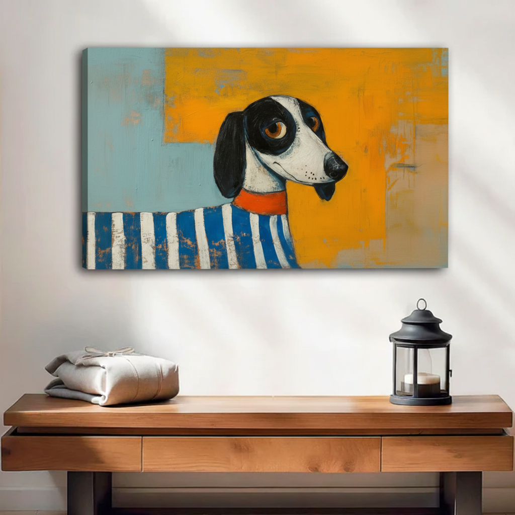 Frameless gallery wrap canvas of a quirky dachshund in blue striped sweater and orange collar on split teal and golden yellow abstract background above rustic wood console table with lantern