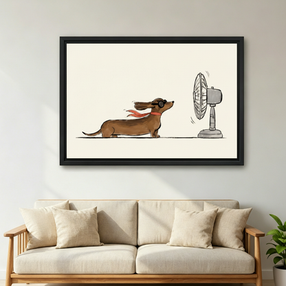 Minimalist dachshund in aviator sunglasses with red scarf blown by electric fan framed wall art above cream linen sofa, funny dog summer canvas for Scandinavian living room