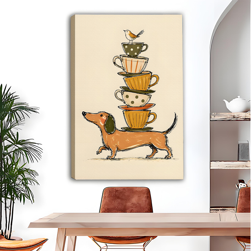 Dachshund teacup stack canvas print wall art mounted beside an arched alcove shelf