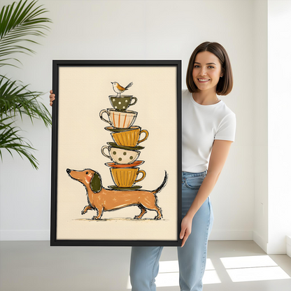 Woman holding a framed dachshund teacup stack wall art print for size reference