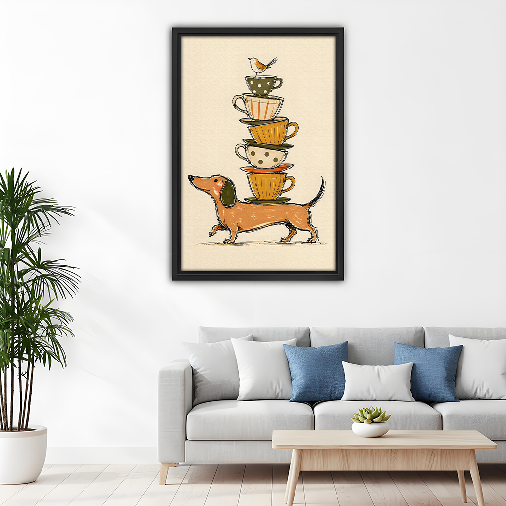 Framed dachshund teacup stack wall art decorating a living room above a grey sofa