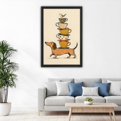 Framed dachshund teacup stack wall art decorating a living room above a grey sofa