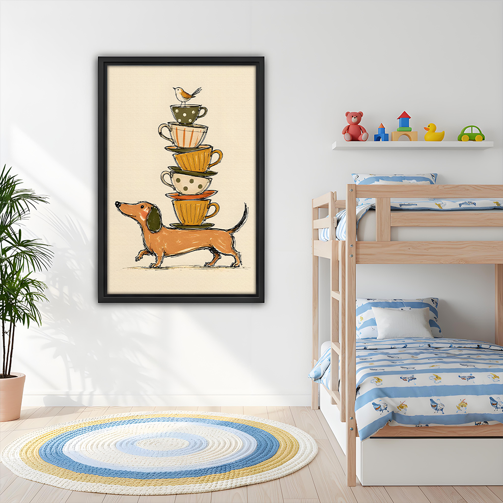 Dachshund teacup stack wall art hanging in a children's bedroom above a bunk bed 