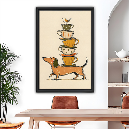 Dachshund teacup stack wall art in black frame above a wooden dining table