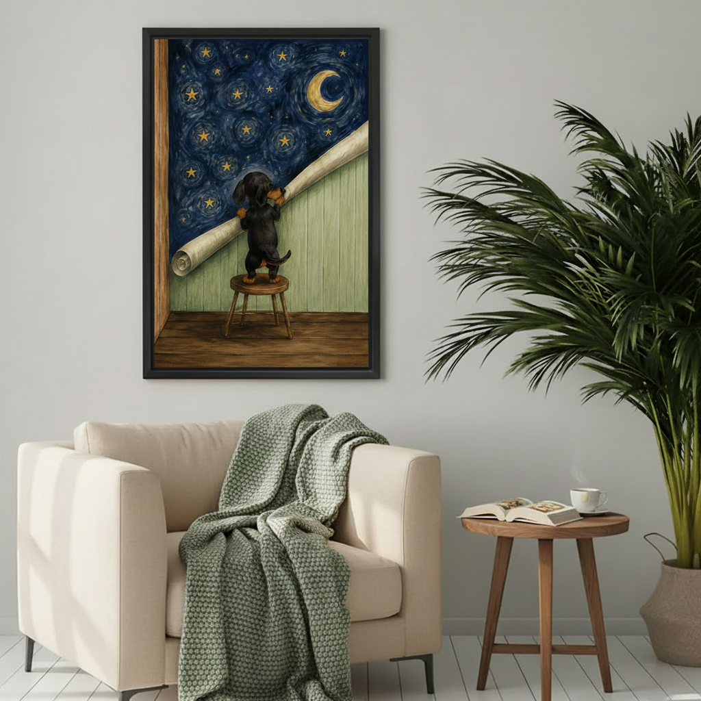 Dachshund starry night canvas print in black frame above beige armchair in cozy living room with warm lighting