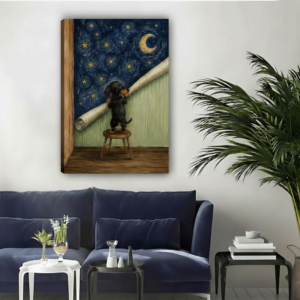 Dachshund with telescope starry night unframed gallery wrap canvas art displayed above navy sofa with palm plant