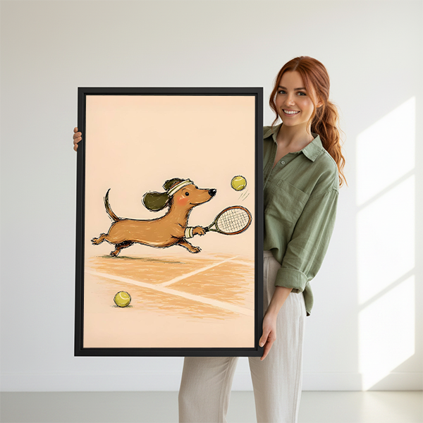 Woman holding large framed dachshund tennis player canvas wall art print for size reference