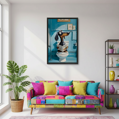 Framed dachshund on toilet canvas wall art displayed above colorful patchwork sofa in bright living room