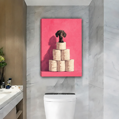 Gallery-wrap dachshund toilet paper canvas wall art displayed on a marble bathroom wall above the toilet.