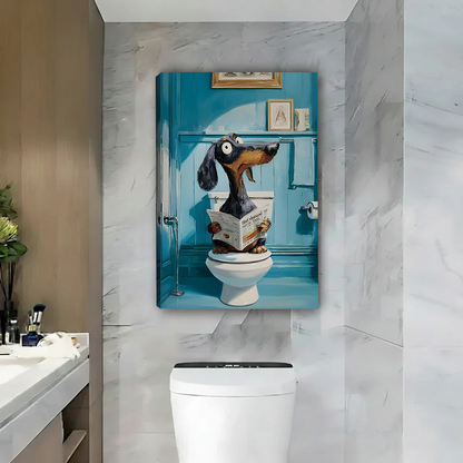 Unframed dachshund on toilet reading newspaper canvas art print in blue and marble bathroom setting