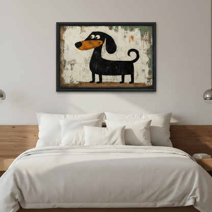 Whimsical dachshund framed wall art above wooden bed, charming dog portrait print for bedroom wall decor