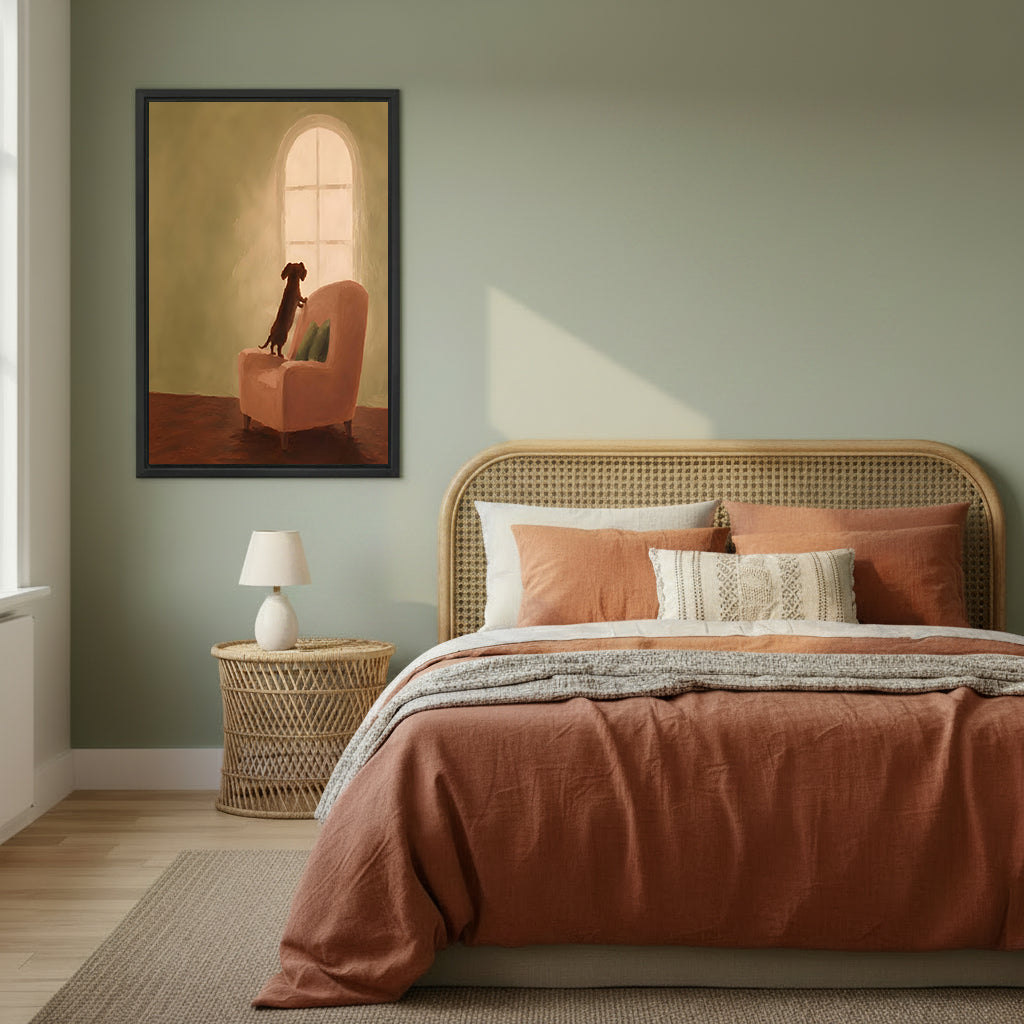 Dachshund waiting by arched window oil painting chocolate brown dog pink armchair golden warm interior black framed canvas wall art on sage green wall beside wide rattan arched headboard bed with terracotta linen and wicker nightstand
