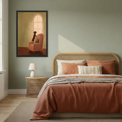 Dachshund waiting by arched window oil painting chocolate brown dog pink armchair golden warm interior black framed canvas wall art on sage green wall beside wide rattan arched headboard bed with terracotta linen and wicker nightstand