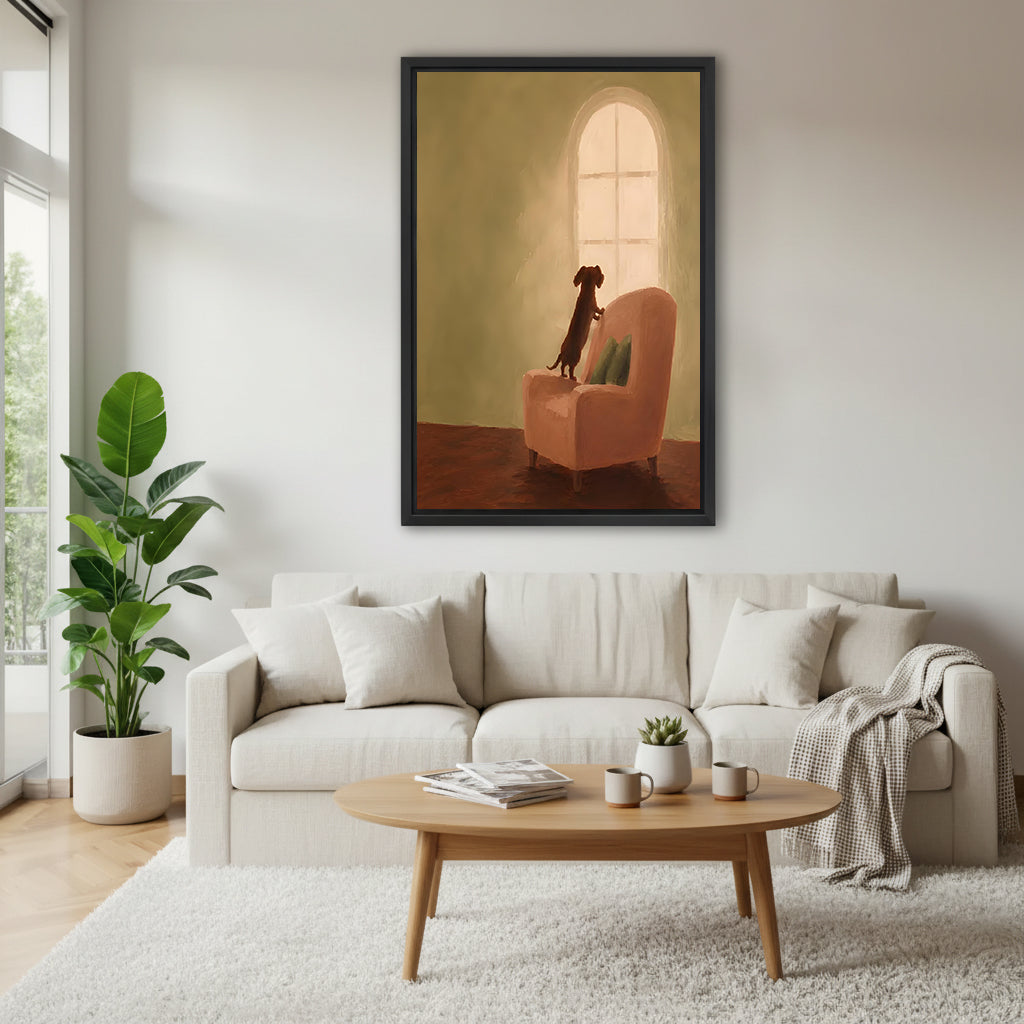 Dachshund waiting by arched window oil painting warm amber golden room pink armchair chocolate dachshund black framed canvas wall art above wide cream linen sofa with oval wood coffee table and gray houndstooth throw