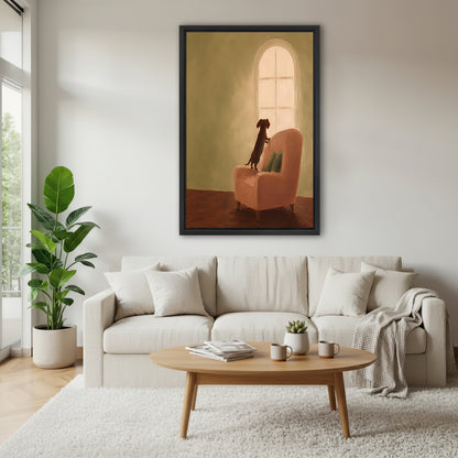 Dachshund waiting by arched window oil painting warm amber golden room pink armchair chocolate dachshund black framed canvas wall art above wide cream linen sofa with oval wood coffee table and gray houndstooth throw