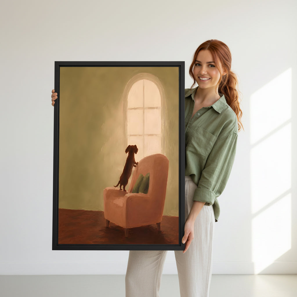 Smiling redhead woman holding large dachshund waiting by arched window oil painting chocolate brown dog pink armchair warm amber glow black framed canvas wall art size reference in bright white room with natural side light
