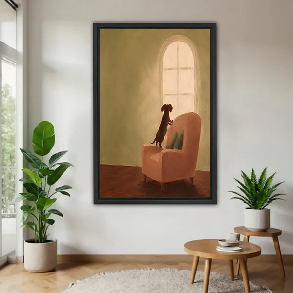 Dachshund waiting by arched window oil painting chocolate brown dog pink armchair warm amber light black framed canvas wall art on white wall beside monstera plant and round wood side table