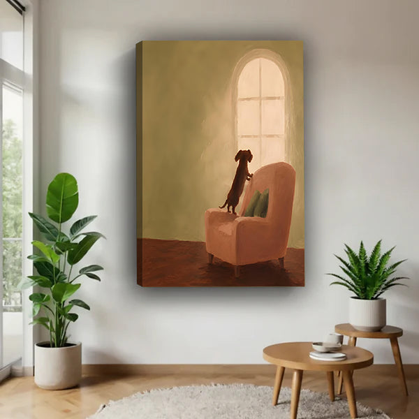 Dachshund waiting by arched window oil painting chocolate brown dog pink armchair warm golden interior gallery wrap canvas wall art on white wall beside large monstera plant and round tiered wood side table
