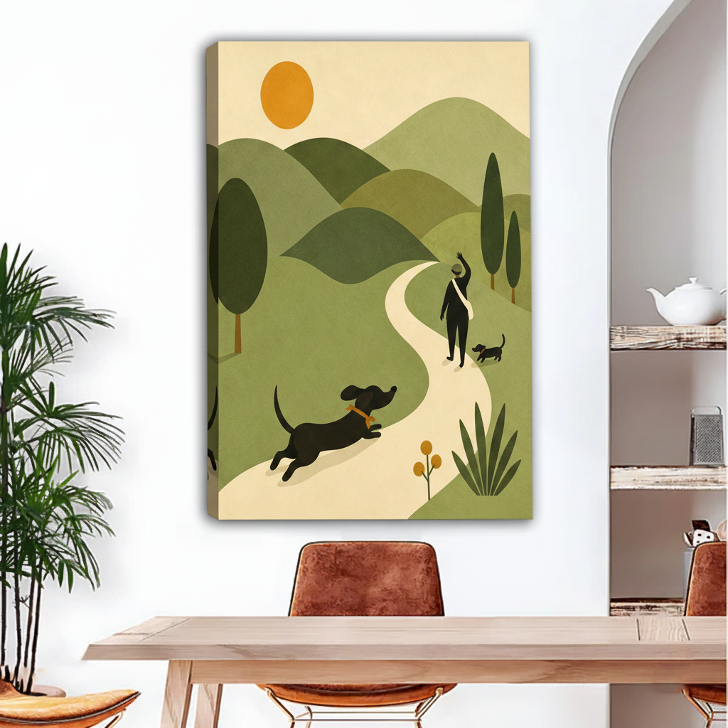 Mid-Century Modern Dachshund Walk Canvas Wall Art | Framed & Unframed l3322