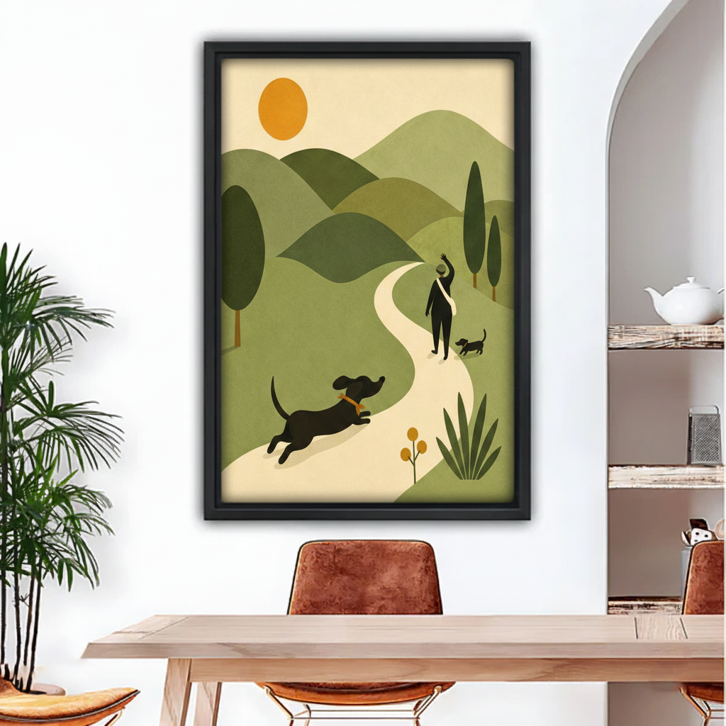 Mid-Century Modern Dachshund Walk Canvas Wall Art | Framed & Unframed l3322