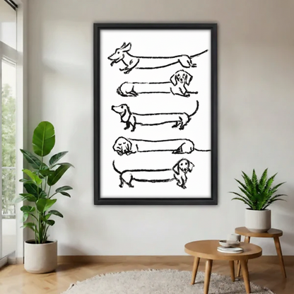 Funny dachshund framed wall art print displayed in modern living room with plants