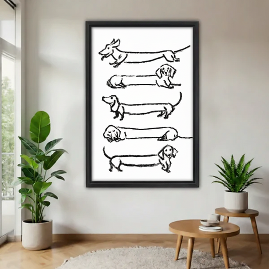 Funny dachshund framed wall art print displayed in modern living room with plants