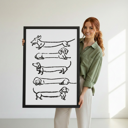 Woman holding large framed dachshund art print showing actual size reference