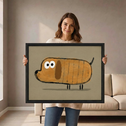 Woman holding funny dachshund folk art canvas wall art print in beige living room setting