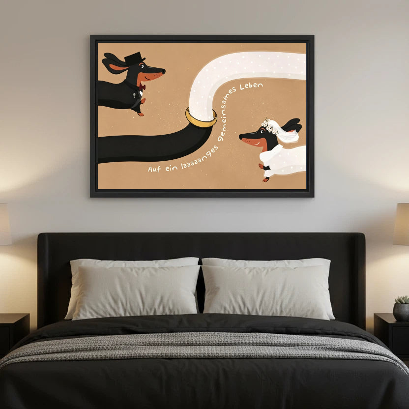 Whimsical dachshund bride and groom wedding framed canvas print hung above dark bed in modern bedroom
