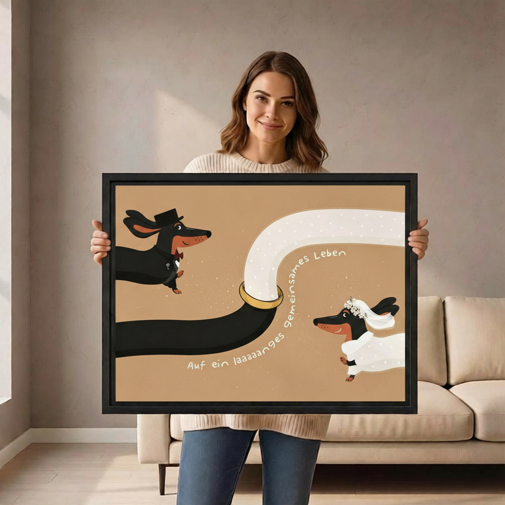 Woman holding whimsical dachshund bride and groom wedding framed canvas wall art size reference display