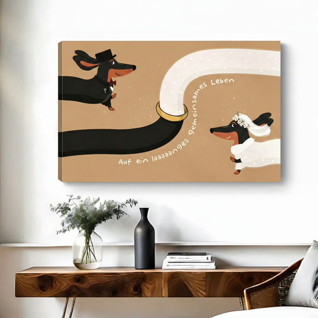 Whimsical dachshund bride and groom wedding gallery wrap canvas print above black console table with plants in modern entryway