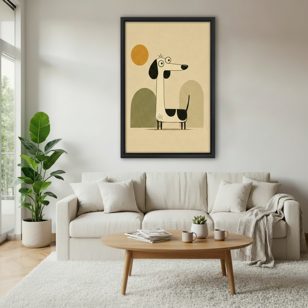 Mid-century modern dachshund dog framed canvas print above cream sofa in Scandinavian living room with oval wood coffee table