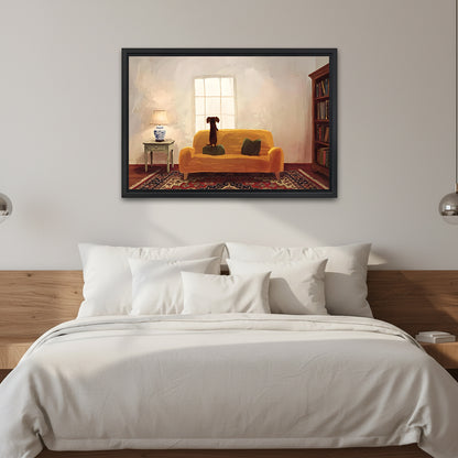 Oil painting brown dachshund window gazing yellow sofa Persian rug bookshelf black framed canvas wall art on light gray wall above wide wood platform bed with crisp white linen and chrome globe sconces