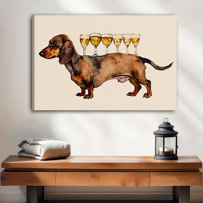 Unframed gallery-wrap canvas print of a whimsical dachshund carrying wine glasses, displayed above a timber console