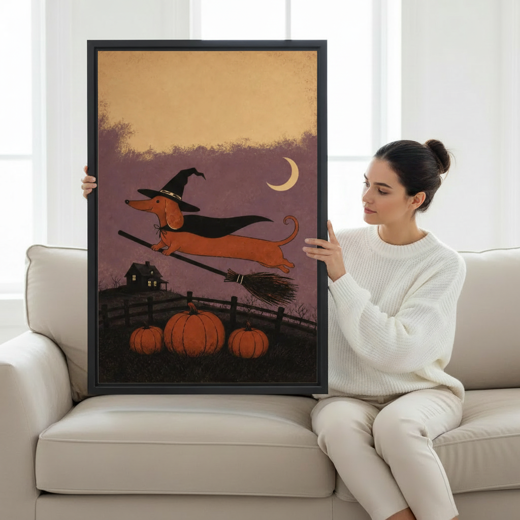 Woman holding framed canvas of folk art dachshund in black witch hat flying on broomstick over orange pumpkins showing size reference
