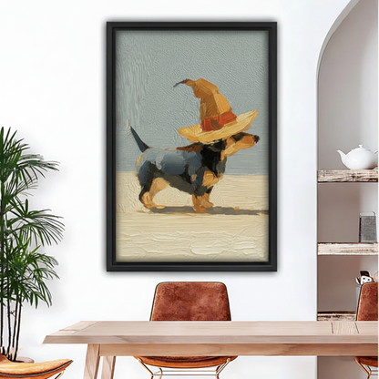 Black framed impasto oil painting canvas of a confident dachshund trotting in a large golden witch hat with an orange stripe, rendered in bold textured brushstrokes on a soft sage and cream background, hung above a wooden dining table with tan leather chairs