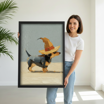 Smiling woman holding a large black-framed canvas art print of a black and tan dachshund strutting in an oversized golden witch hat, painted in a rich impasto oil style with thick textured brushstrokes on a muted sage and cream background